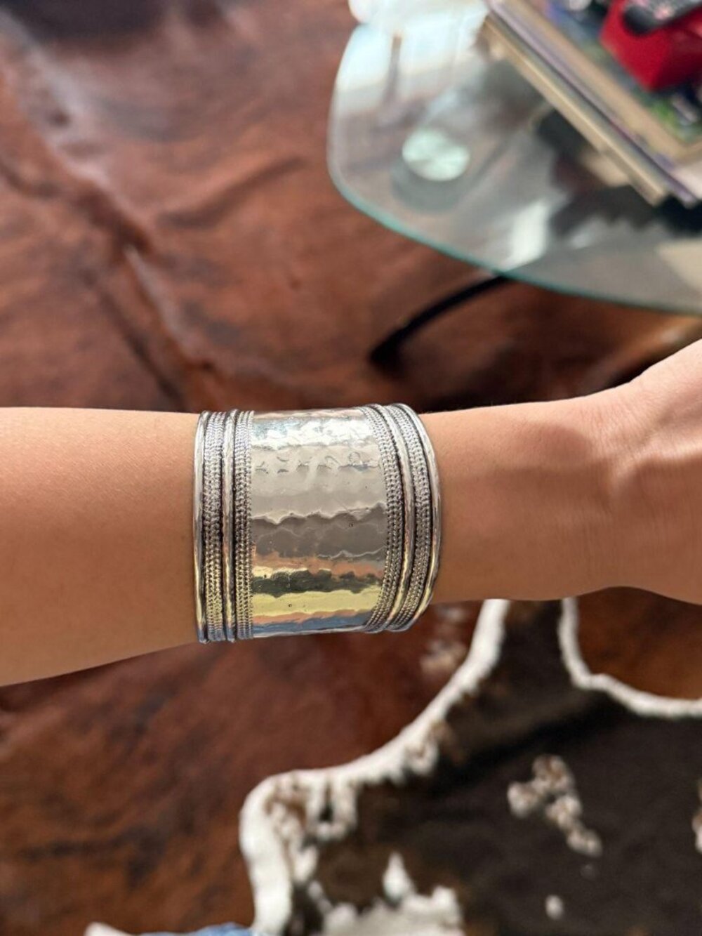 Y2K Silver Hammered Cuff Bracelet Wide Statement Minimalist